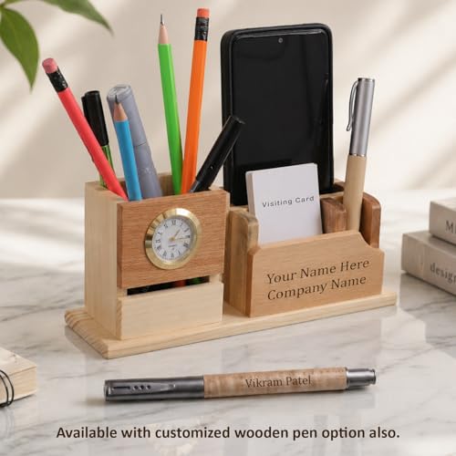 Image of Deskart Customized Multipurpose Pen Holder Stand | Premium Wooden Desk Organizer with Clock, Business Visiting Card and Mobile Holder