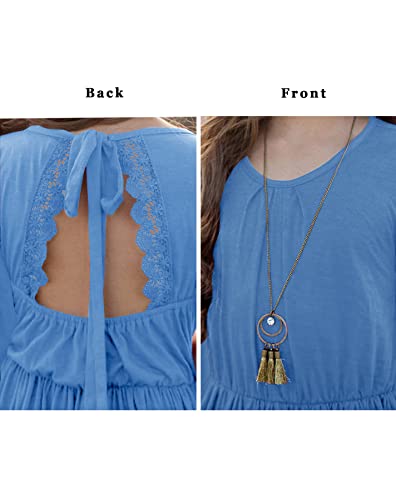 Mitilly Girls Boho Lace Flower Backless Crew Neck Short Sleeve Ruffle Swing Maxi Dress With Pockets 12 Years Light Blue #TOP6