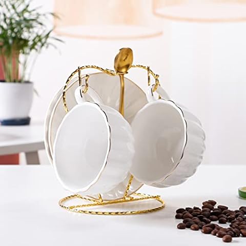 Ceramic Coffee Tea Cup And Saucer Set Outline in Gold Set with Cup Holder And Spoon Ceramics Espresso Cups with Presents Packaging 200 Ml, Set of 7,White Cover