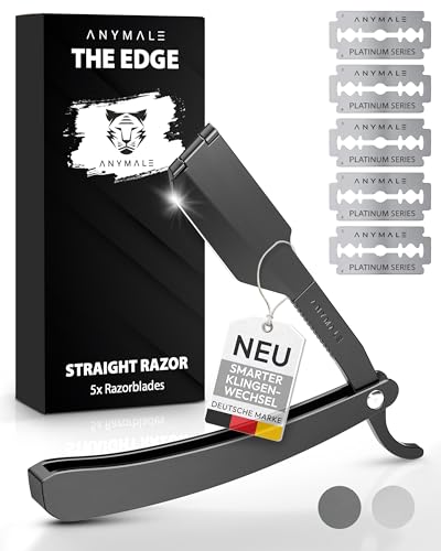 ANYMALE Rasiermesser 'The Edge' - Rasiermesser mit Wechselklinge - Barber Rasierer für Bart und Konturen - Straight Razor aus Metall - Schwarz