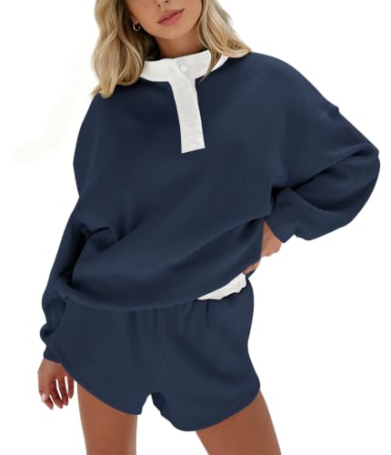 MISSACTIVER Womens 2 Piece Waffle Knit Lounge Sets Oversized Color Block Mock Neck Sweatshirt Shorts Fall Matching Sweat Set