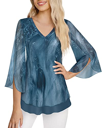 Timeson 3/4 Sleeve Womens Blouses And Tops Dressy,Spring Tunics To Wear With Leggings Ladies Office Work Shirts Summer Business Casual Clothes Flowy Sheer Peasant Tops Gray M #TOP2