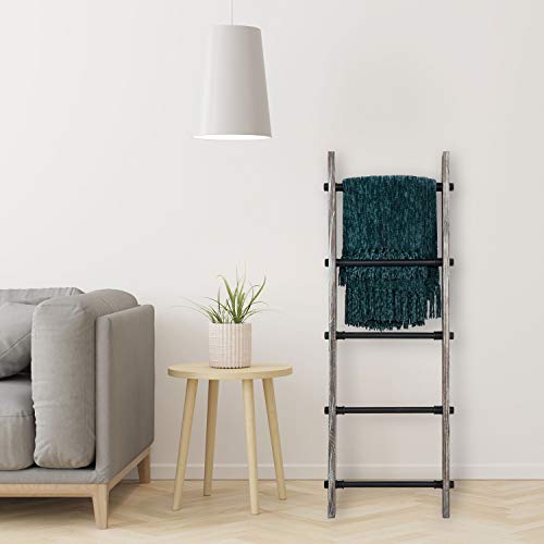 MyGift 4 Ft Torched Wood Farmhouse Blanket Ladder with 5 Matte Black Industrial Pipe Rungs, Wall Leaning Bathroom Towel Ladder Rack steampunk buy now online