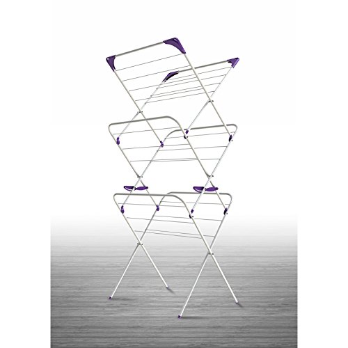 Minky Essential 3 Tier Airer, Clothes Drying Rack For Indoor Use, Foldable Clothes Airer with 14m Capacity, Clothes Drying Airer With Non-Slip Feet, White and Purple Design