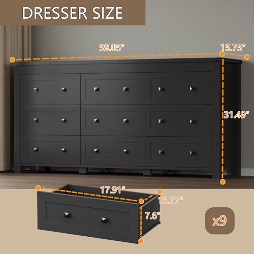 Image of BORNOON 9-Drawer Dresser, Modern Wooden Storage Chest of Drawers, Dresser TV Stand, Wood Drawer Organizer with Metal Handles for Bedroom, Living Room, Hallway