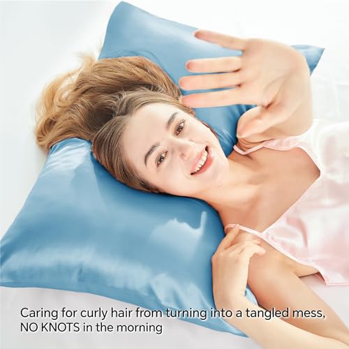 BEDELITE Satin Pillowcase with Zipper, Blue King Size Pillow Cases Set of 2, Super Soft and Cooling Similar to Silk Pillow Cases, Gift for Women Men(20x36 Inches)