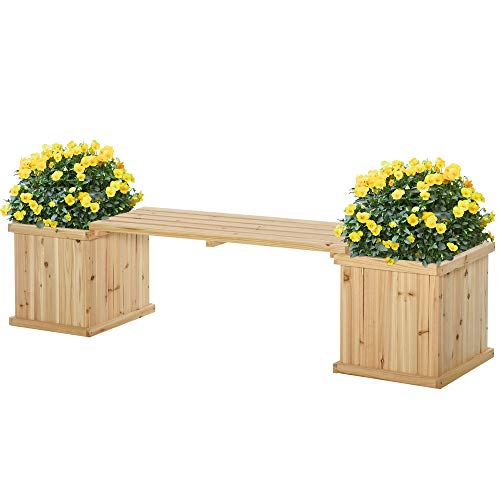 Outsunny Fioriera e panca da giardino in legno da 37 l, combinazione di aiuole rialzate per patio, parco, naturale, 176 x 38 x 40 cm