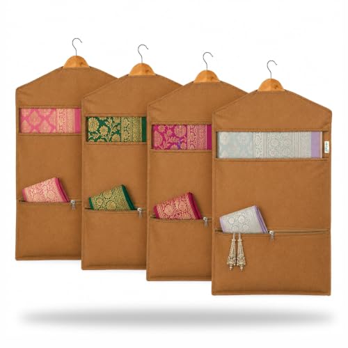 Image of JD FRESH 4 Pack Double Pocket Hanging Saree Bag for Wardrobe /Non Woven Clothes Bags for Storage /Breathable Hanging Saree Covers /Transparent Window Cloth Storage Bag /Stoarge Covers with Zip(Orange)