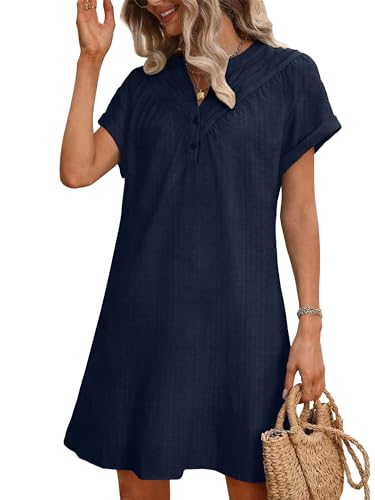 UEAL Womens Shirt Dress Cute Short Summer Navy Shift Linen Dresses Beach Vacation Large Navy