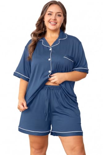 Image of Vozanet Women's Plus Size Button Down Pajamas Soft Lounge Sets Shorts with Pockets Bride Nighty Solid Soft Pjs 1x to 5x