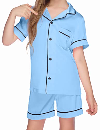Ekouaer Kids Pajama Short Sets Girls Silk Satin Pjs Set Button-Down Sleep Sets Two-Piece Comfy Sleepwear Soft(Blue,130) #TOP18