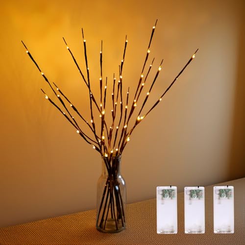3 ramas de luces LED con temporizador, funciona con pilas, ramas de sauce artificial marrón de 76 cm con luces blancas cálidas, jarrón, palos decorativos para el hogar, fiesta de Navidad, decoración