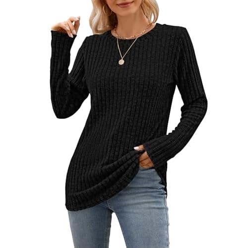 WNEEDU Long Sleeve Loose Pullover Sweater for Women Casual Shirt Crew Neck Lightweight Tunic Tops