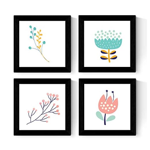 Nacnic Set de Cuatro láminas cuadradas con Ilustraciones de Ramas y Flores Tonos Pastel Tamaño 20x20 cm Estilo escandinavo nordico con Marco