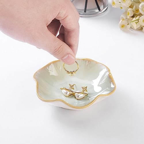Image of 2PCS Lotus Leaf Shape Ring Holder Dish, Small Key Bowl, Ceramic Trinket Tray Jewelry Dish Organizing Necklace Earrings for Mom Friend Sister, All Jewelries Are NOT Included.Pink+Light Green.