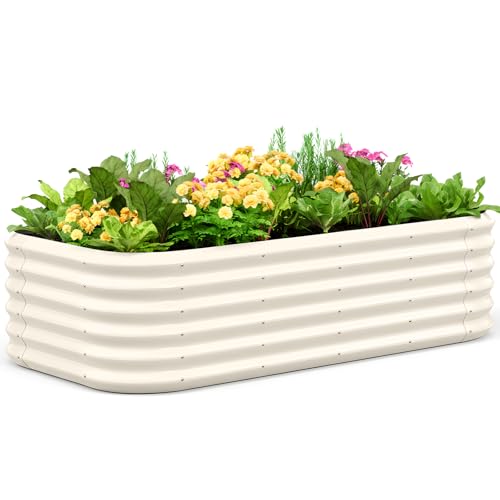 Quictent Galvanized Raised Garden Bed Kit Tall, 6x3x1.5 ft Oval Large Planting Box Strengthened by Crossbar, for Vegetables Outdoor, Beige