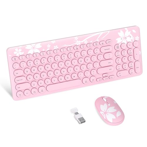 Mytrix Sakura Wireless Keyboard and Mouse Combo, Cute Pink Retro Typewriter Round Keys, 2.4G USB & Typc-C Receiver Slim Keyboard Mouse Set with Numeric Keypad for Computer, Laptop, Desktops, PC, Mac