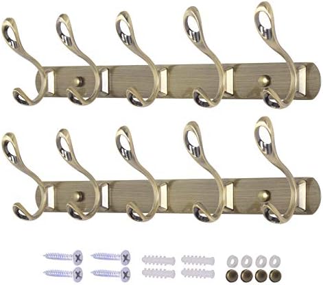 Dseap Wall Mounted Coat Rack - 5 Double Hooks, Heavy Duty, Vintage, Metal Coat Hook Rail for Coat Hat Towel Purse Robes Mudroom Bathroom Entryway (Dual-holel, Bronze, 2 Packs)