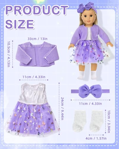Gemtte Puppenkleidung für Baby Puppen, Baby Kleidung 36cm-43cm, New Baby Puppenkleidung, 4 Stück mit Mantel Socke, Schleife Gazerock Schmetterlingsschleife Stirnband, Geschenke für Mädchen (Violett)