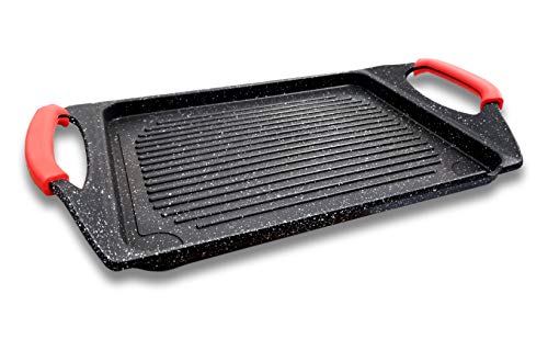 Cflagrant Gran Plancha y Parrilla Efecto Piedra 42 x 27 cm Greblon C3 Sin PFOA - Asas de silicona extraíbles - Luces de inducción y horno de cocción de carne, pescado, verduras, mariscos, cocina