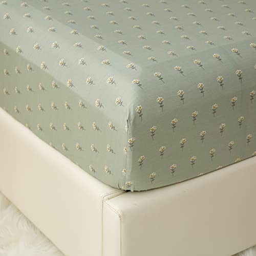 Image of HIGHBUY 100 Percent Soft Cotton Floral Pattern Fitted Sheet Twin Size Green Flower Printed Twin Kids Bedding Deep Pocket 1 Piece KDS Bed Sheet Comfortable (Queen, Style-A)