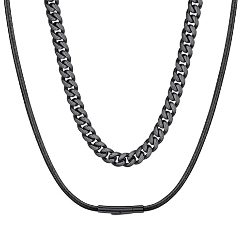 ChainsHouse Stainless Steel 10MM 22'' Cuban Link Necklace+3MM 20" Waterproof Leather Cord Necklace for Women Men