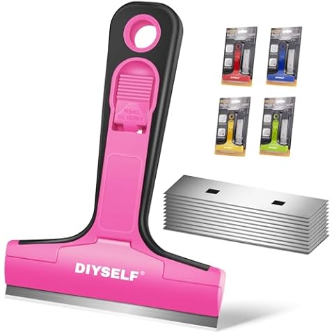 DIYSELF 1 Pack Razor Blade Scraper, Window Scraper with Razor Blade, Razor Scraper Tool for Glass, Scraper Tool Kitchen for Cleaning Stovetop, Cooktop, Oven, Paint Scraper with 10 PCS 4'' Blades Cover