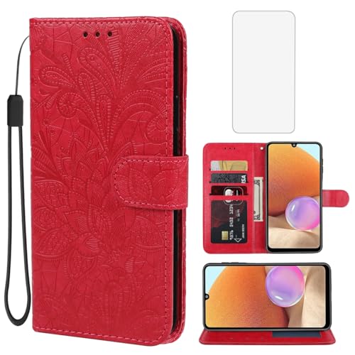 Coque Galaxy A32 4G portefeuille fleur cuir clapet aimanté et fentes cartes