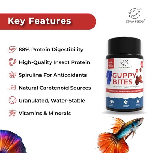 Image of Zewa Guppy Bites 45 g(Pack of 3) | High Protein Fish Food for Guppy & Small Fish | Micro Pellets 0.3-0.6 mm | 88% Digestibility | Rapid Growth & Vibrant Color