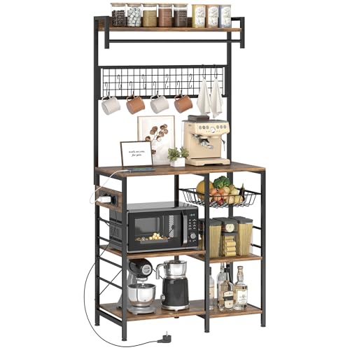 HOMCOM Estantería de Cocina con Tres Enchufes y Luces LED, Estantería de Panadería Industrial con Estantes para Microondas, Cesta de Malla Metálica, Ganchos, Barra 80x42x162 cm, Marrón Rústico y Negro