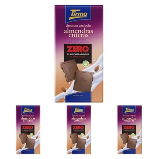 Tirma Chocolate ZERO con Leche y Almendras - Sin Azúcares Añadidos, 125g (Paquete de 4)