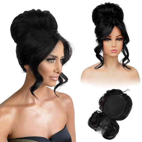 REECHO Messy Bun Hair Piece with Bangs 2-in-1 Drawstring Ponytail Extension Updo Wig & Hair Topper with Long Side Bangs Natural-Looking Hair Bun Hairpieces for Women - Black