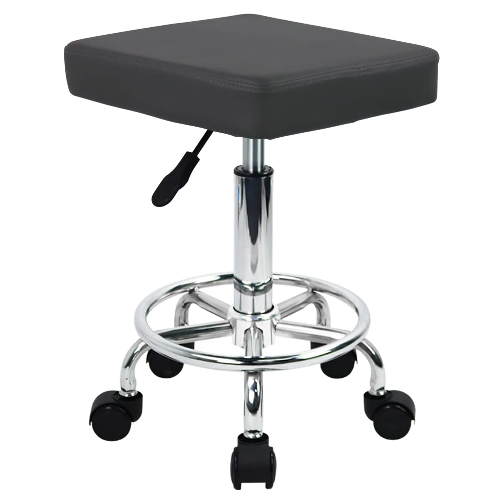 WKWKERSquare Rolling Salon Stool Swivel Adjustable Beauty Pu leather Seat Chair For Kitchen Lab SPA Home Office Massage (Gray)