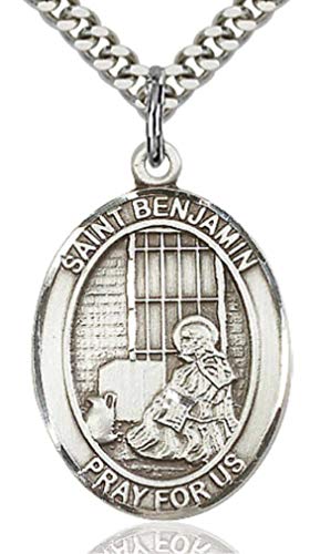 Men's Pewter Oval Saint Benjamin Medal + 24 inch Rhodium Plate Chain & Clasp| USA Made