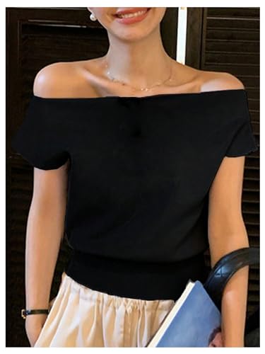 Image of WDIRARA Women's Off The Shoulder Tops Casual Short Sleeve Tunic T Shirts Lightweight Knit Sweaters