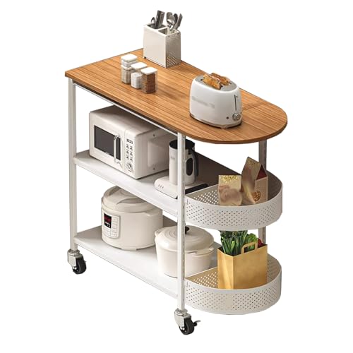 KKTX Carrito de Almacenamiento de Cocina con Ruedas, Isla de Cocina móvil con Estante de 3 Niveles, encimera de Madera, con 2 cestas de Malla, Carrito auxiliarWhite,60cm