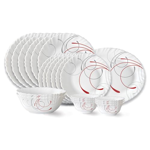 Larah by Borosil Boro Fluted Series Opalware Dinner Set | 21 Pieces for Family of 6 | Microwave & Dishwasher Safe | Bone-Ash Free | Crockery Set for Dining & Gifting | Plates & Bowls | White