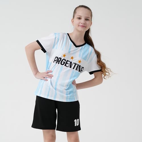 BDONDON Camiseta de fútbol para niños y niñas, transpirable, ligera, para entrenamiento de fútbol para jóvenes (2-14 años), Blanco-argentina, 11-12 años