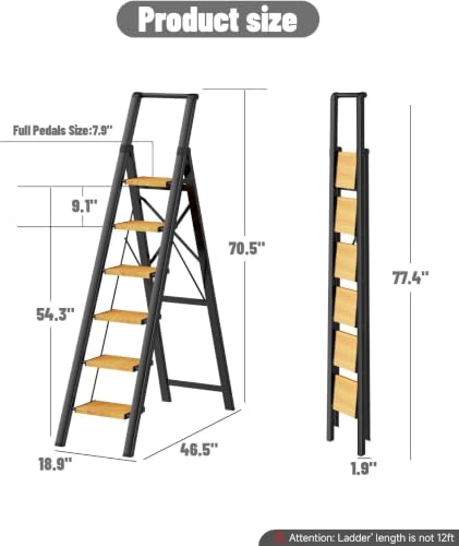 Image of SOLADDER 6 Step Ladder for 12 Ft High Ceiling, Folding Step Stool with Handgrip & Anti-Slip Wide Pedal, Portable Aluminum Stepladder for Kitchen, Home (300 lbs Capacity) - Black+Wood Grain