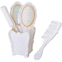 4pcs Hair Brush, Vintage Hair Brush Set for Women Mirror Brush Comb Set with Holder, Professional Hairbrushes Set, Handheld Mirror with Embossed Flower, Suitable for All Hair Types White
