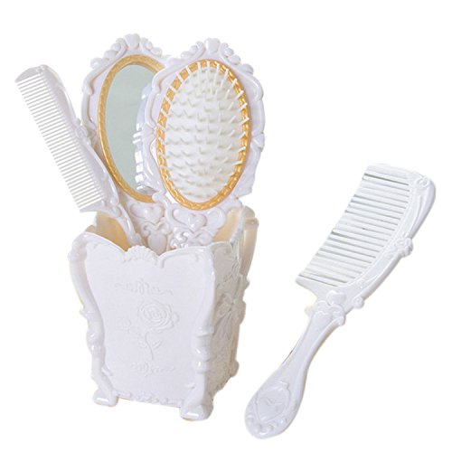 4pcs Hair Brush, Vintage Hair Brush Set for Women Mirror Brush Comb Set with Holder, Professional Hairbrushes Set, Handheld Mirror with Embossed Flower, Suitable for All Hair Types (White) - White