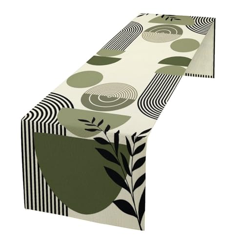 Boho Leaves Table Runner Sage Green Tropical Palms Tree Mid Century Modern Abstract Arch Geometric Dinner Runner for Farmhouse Cabin Home Kitchen Dining Holiday Party Decor 13x70in