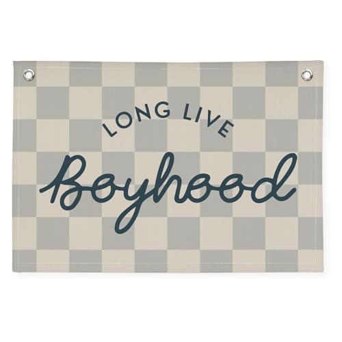 Image of Long Live Boyhood Linen Banner,Vintage Nursery Checkered Flag Boys Room Decor,Decor Nursery Playroom Wall Decor for Kids Bedroom Dorm,Toddler Decorations Trendy Room Decor,Gifts for Teen boyroom
