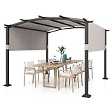 SPOTRAVEL 3 x 3m Garden Pergola with Retractable Canopy, Outdoor Sun Shade Shelter Waterproof Metal Arched Gazebo for Patio Deck Porch (Grey+Black)