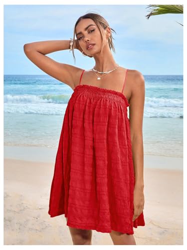 Image of MakeMeChic Women's Babydoll Dress Sleeveless Swing Shirred Mini Dresses | Beach, Summer, Sundress, Ruffle, Casual Dress, Flowy Dress