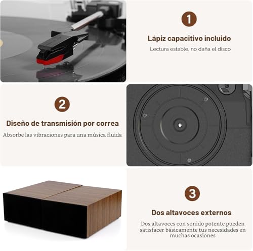 Miniatura 7 de Tocadiscos Bluetooth Con Grabación De Vinilo Vintage, Transmisión Por Correa, Altavoces Estéreo Duales, Reproductor Lp, Entrada Auxiliar Para Auriculares, 3 Velocidades, 3 Tamaños, Marrón