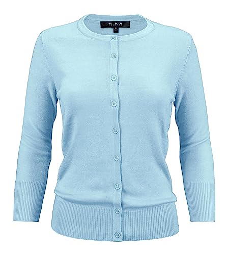Yemak Women's Knit Cardigan Sweater – 3/4 Sleeve Crewneck Basic Classic Casual Button Down Soft Lightweight Knitted Top Co079-Sbl-3X Sky Blue #TOP8