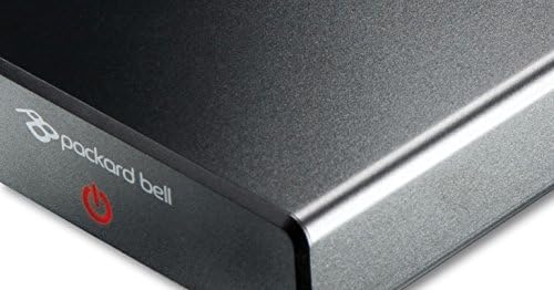 Close-up of the Packard Bell Carbon external hard drive's front panel with logo and power button
