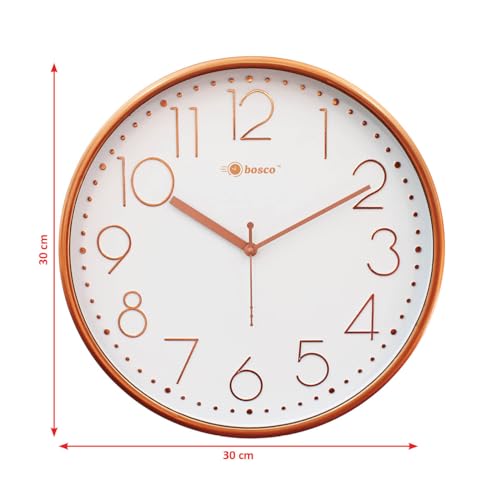 Image of Bosco Decorative Non Ticking Silent, White dial with Rose Gold Frame 30 CM, Modern Design Round Wall Clock for Home, Living Room, Bedroom, Office and Kitchen | BWC-1801