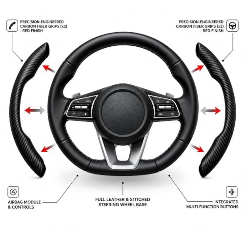 Image of Carbon Fiber Steering Wheel Grip Cover | Anti-Slip Textured Handle | Heat Resistant & Sweatproof Car Steering Grip Pads (Black)